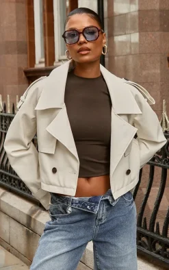 Stone Detachable Hem Faux Leather Trench Coat