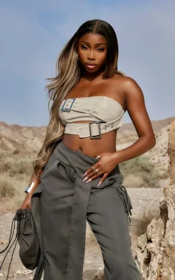 Stone Distressed PU Belted Detail Crop Top