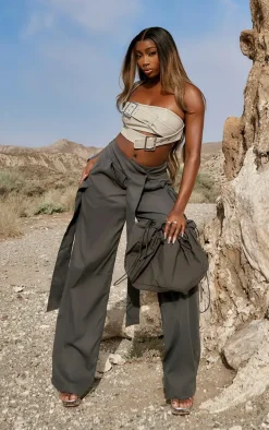 Stone Distressed PU Belted Detail Crop Top