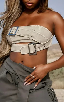 Stone Distressed PU Belted Detail Crop Top