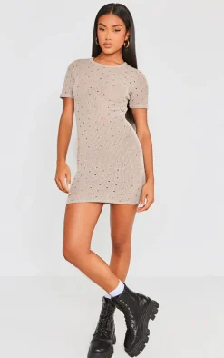 Stone Distressed Rib Cut Out Cross Back Bodycon Dress