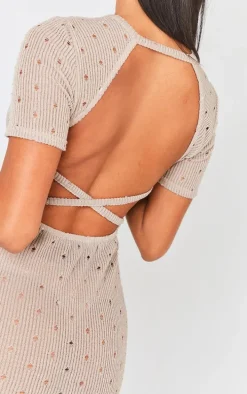 Stone Distressed Rib Cut Out Cross Back Bodycon Dress