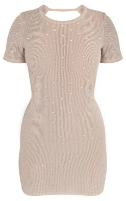 Stone Distressed Rib Cut Out Cross Back Bodycon Dress