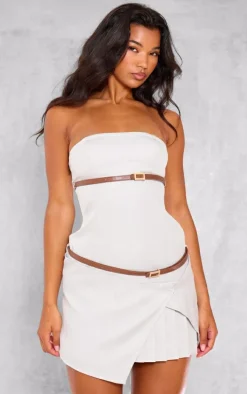 Stone Double Belt Bandeau Pleated Mini Dress