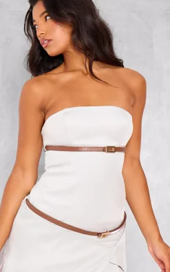 Stone Double Belt Bandeau Pleated Mini Dress