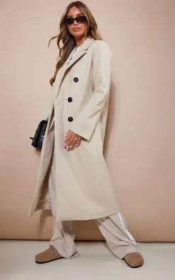 Stone Double Breasted Wool Look Overcoat
