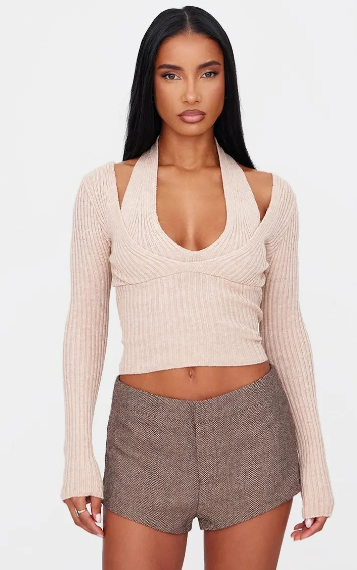 Stone Double Layer Rib Knit Long Sleeve Top