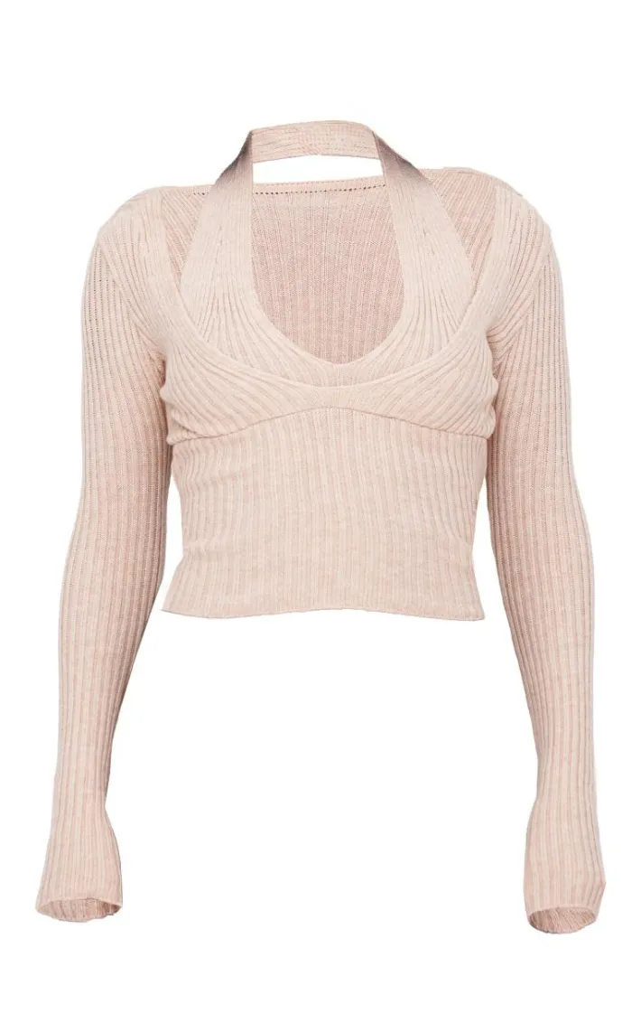 Stone Double Layer Rib Knit Long Sleeve Top