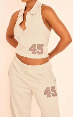 Stone Embroidered 45 Graphic Halterneck Button Up Top