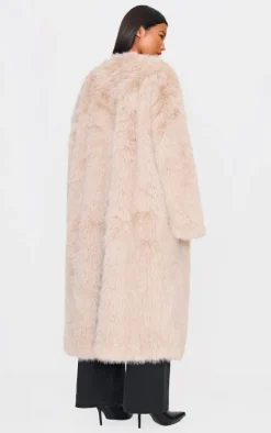 Stone Faux Fur Collarless Coat