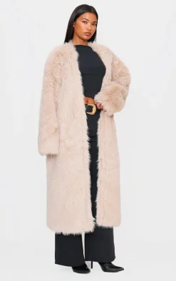 Stone Faux Fur Collarless Coat