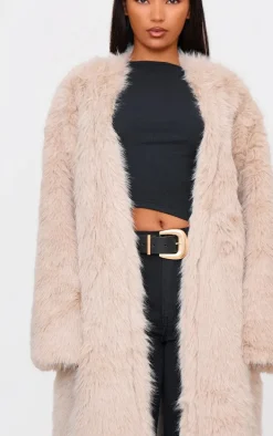 Stone Faux Fur Collarless Coat