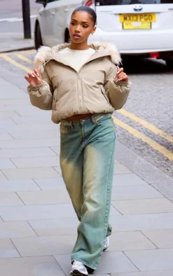 Stone Faux Fur Detachable Hood Parka Coat