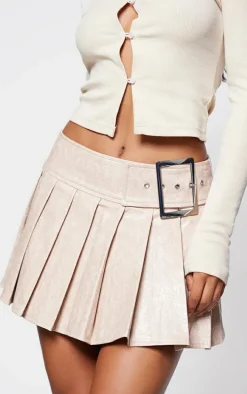 Stone Faux Leather Belt Pleated Mini Skirt