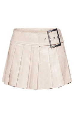 Stone Faux Leather Belt Pleated Mini Skirt