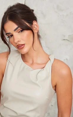 Stone Faux Leather High Neck Twist Shoulder Maxi Dress