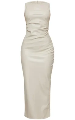 Stone Faux Leather High Neck Twist Shoulder Maxi Dress