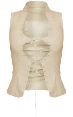 Stone Faux Leather Lace Up Cut Out Plunge Sleeveless Long Top