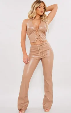 Stone Faux Leather Tie Front Low Rise Flared Pants