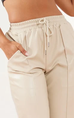 Stone Faux Leather Tie Waist Seam Front Wide Leg Pants