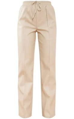 Stone Faux Leather Tie Waist Seam Front Wide Leg Pants