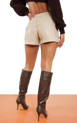 Stone Faux Leather Tie Waist Cargo Shorts