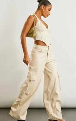 Stone Faux Leather Wide Leg Cargo Pants