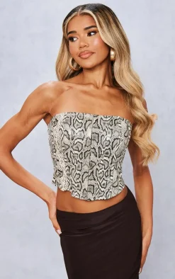 Stone Faux Snake Leather Hook And Eye Structured Corset