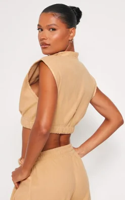 Stone Fleece Contrast Pocket Cropped Vest