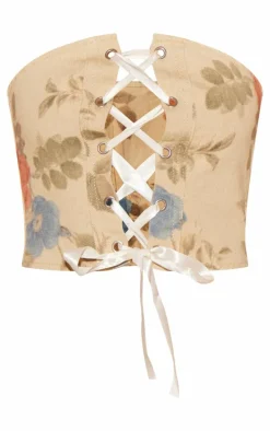 Stone Floral Denim Ribbon Detail Corset Top