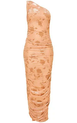Stone Floral Devore Ruched One Shoulder Maxi Dress