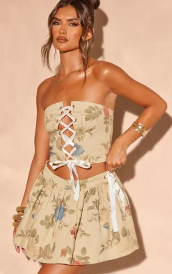 Stone Floral Print Floaty Denim Skirt With Ribbon Detail