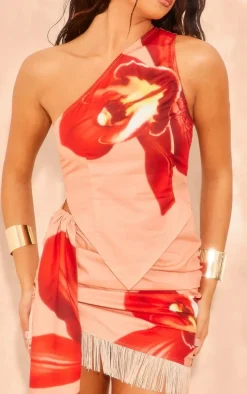 Stone Floral Print Halter Neck Fringe Mini Dress