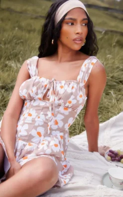 Stone Floral Print Woven Boning Detail Tie Bust Romper