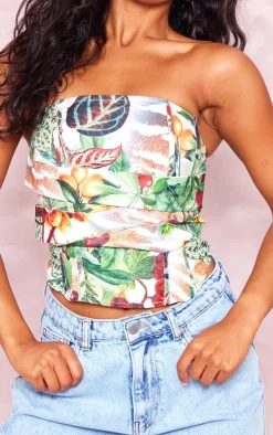 Stone Floral Print Woven Drape Front Boned Corset