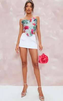 Stone Floral Print Woven Pleated Drape Front Corset