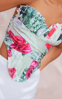 Stone Floral Print Woven Pleated Drape Front Corset