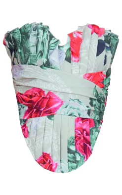 Stone Floral Print Woven Pleated Drape Front Corset