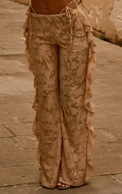 Stone Floral Sheer Burnout Frill Edge Low Rise Wide Leg Pants