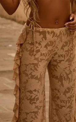 Stone Floral Sheer Burnout Frill Edge Low Rise Wide Leg Pants