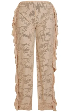 Stone Floral Sheer Burnout Frill Edge Low Rise Wide Leg Pants