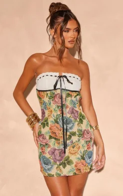 Stone Floral Twill Contrast Bandeau Bodycon Dress