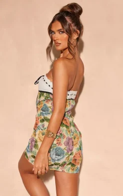 Stone Floral Twill Contrast Bandeau Bodycon Dress