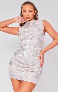 Stone Foil Print Woven Ruched Sleeveless Bodycon Dress