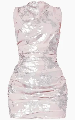 Stone Foil Print Woven Ruched Sleeveless Bodycon Dress