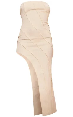 Stone Frayed Seam Detail Asymmetric Denim Midi Dress