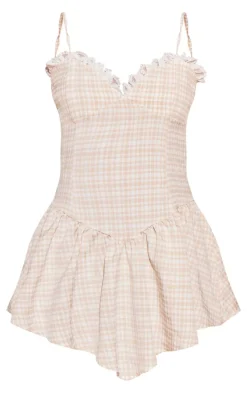Stone Gingham Lace Frill Strappy Shift Dress