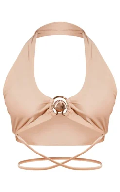 Stone Halter Neck Shell Trim Bikini Top
