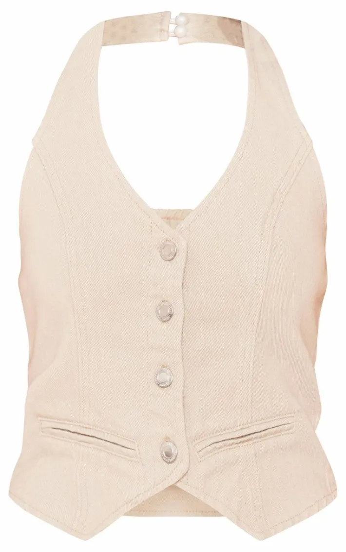 Stone Halterneck Denim Vest
