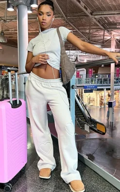 Stone Heart Embossed Wide Leg Sweatpants